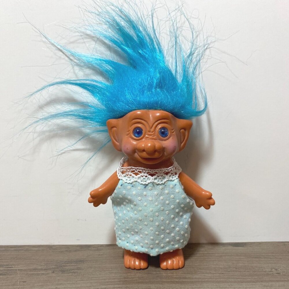 Grandma Troll Doll 1980s Kids Toy Blue Hair Made in Korea Etone